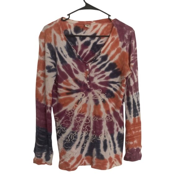 Lucky Brand Womens Tie-Dye Long-Sleeve Henley Shirt M Boho Hippie Relaxed Fit - Picture 1 of 4